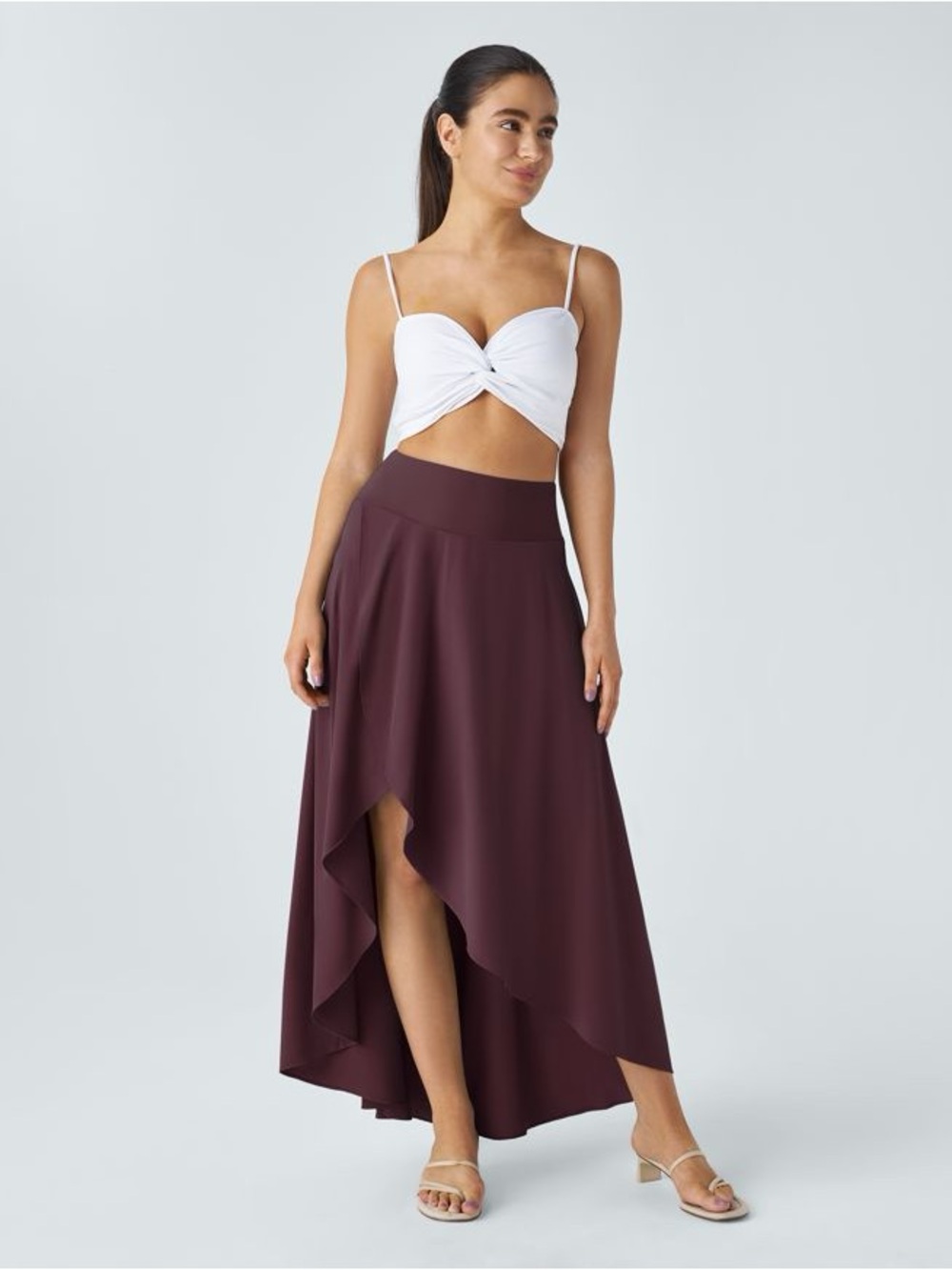 HALARA Asymmetrical Ruffle Maxi Skirt in Deep Plum